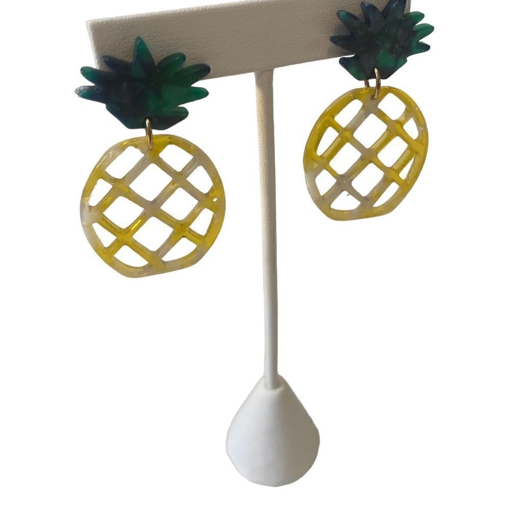 Yellow & Green Lightweight Pineapple Drop Earrings. Perfect for Summer. - Picture 2 of 5